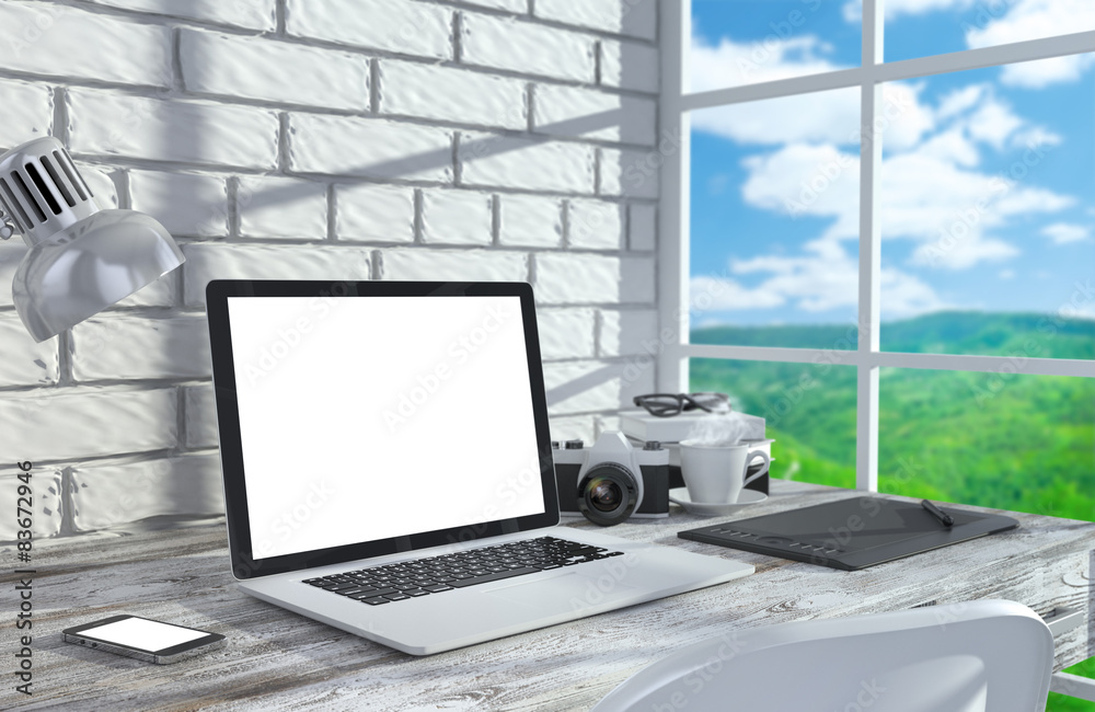 Fototapeta premium 3D illustration laptopand work stuff on table near brick wall