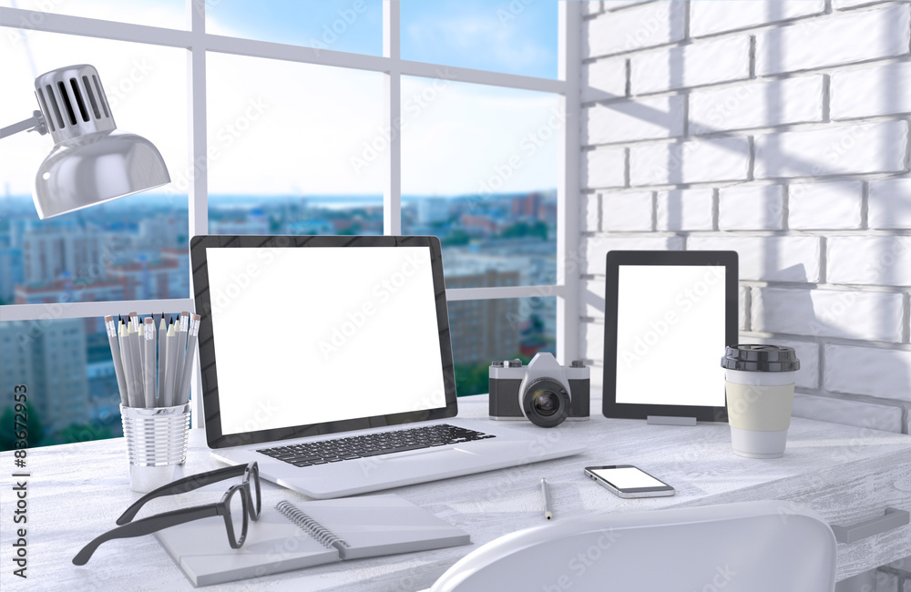 3D illustration laptopand work stuff on table near brick wall 3D illustration laptopand work stuff on table near brick wall
