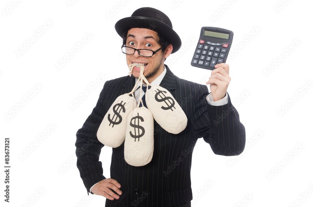 Young employee holding money bags isolated on white Young employee holding money bags isolated on white