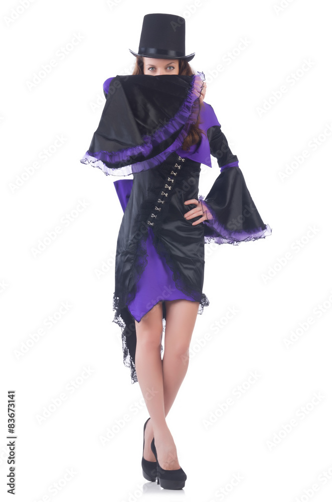 girl wearing violet and black dress isolated on white