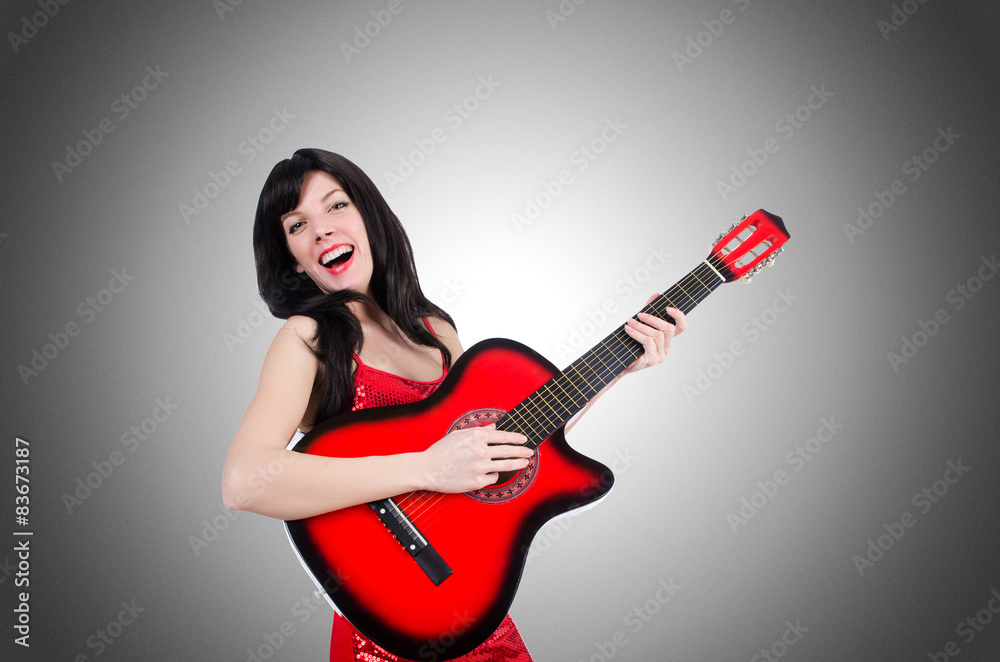 Young singer guitar on white