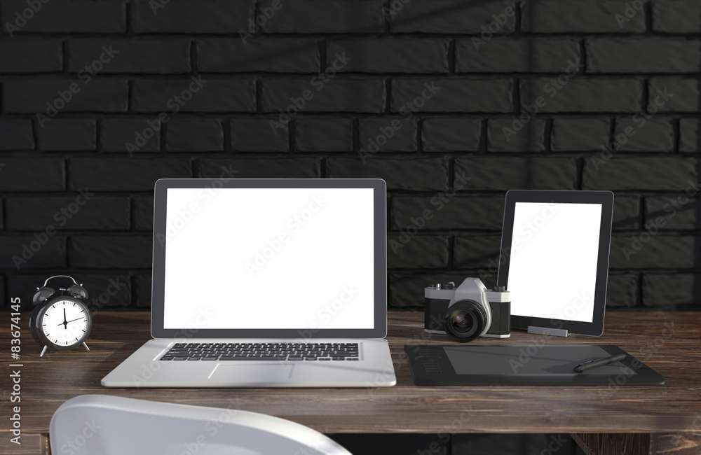 3D illustration laptopand work stuff on table near brick wall 3D illustration laptopand work stuff on table near brick wall