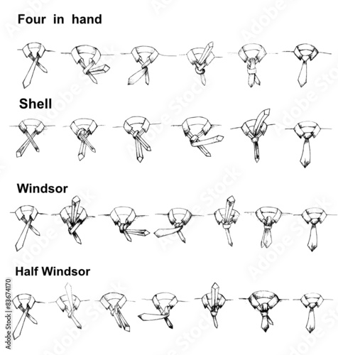 Vector tie and knot instruction, shell, four in hand, windsor, half windsor photo