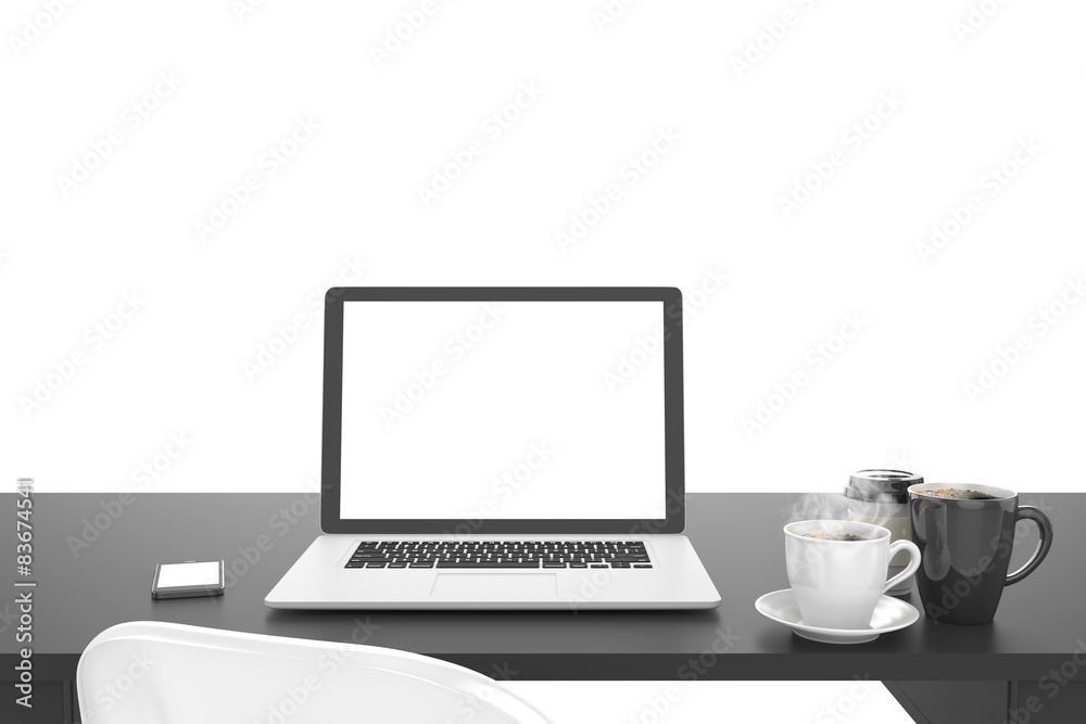 3D illustration laptop on table, Workspace 3D illustration laptop on table, Workspace