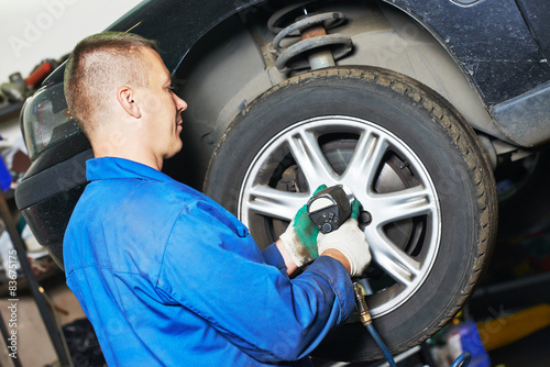 auto mechanic screwing car wheel by wrench