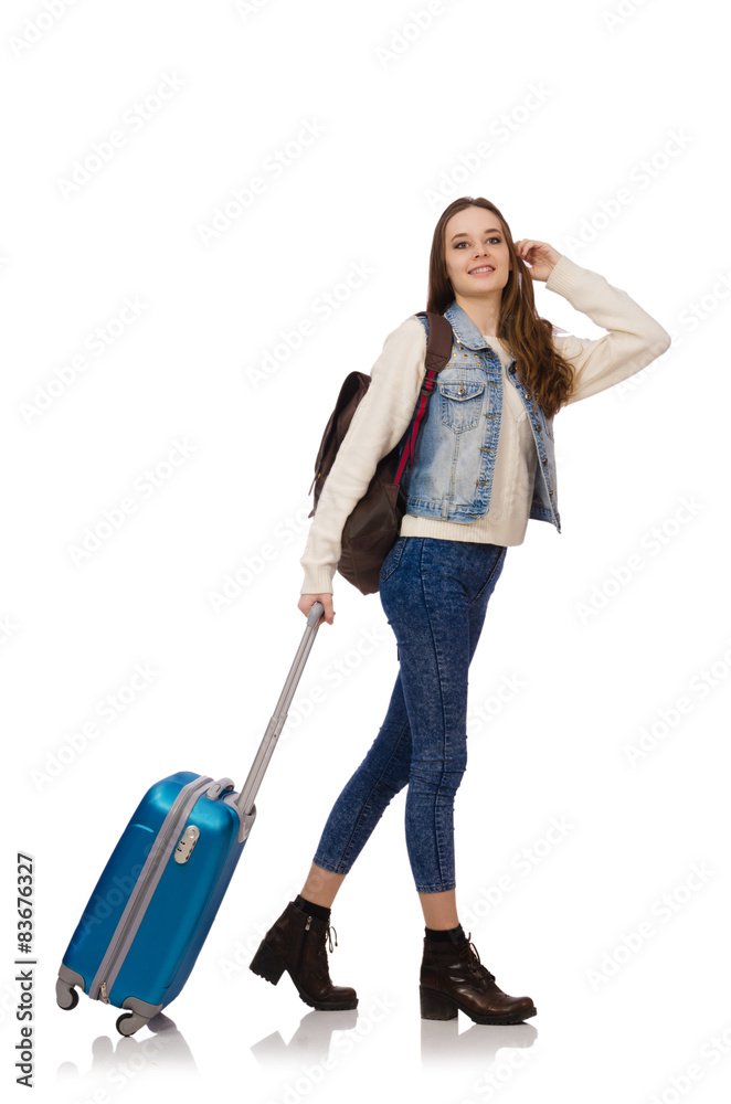 Young smiling girl with bag isolated on white Young smiling girl with bag isolated on white