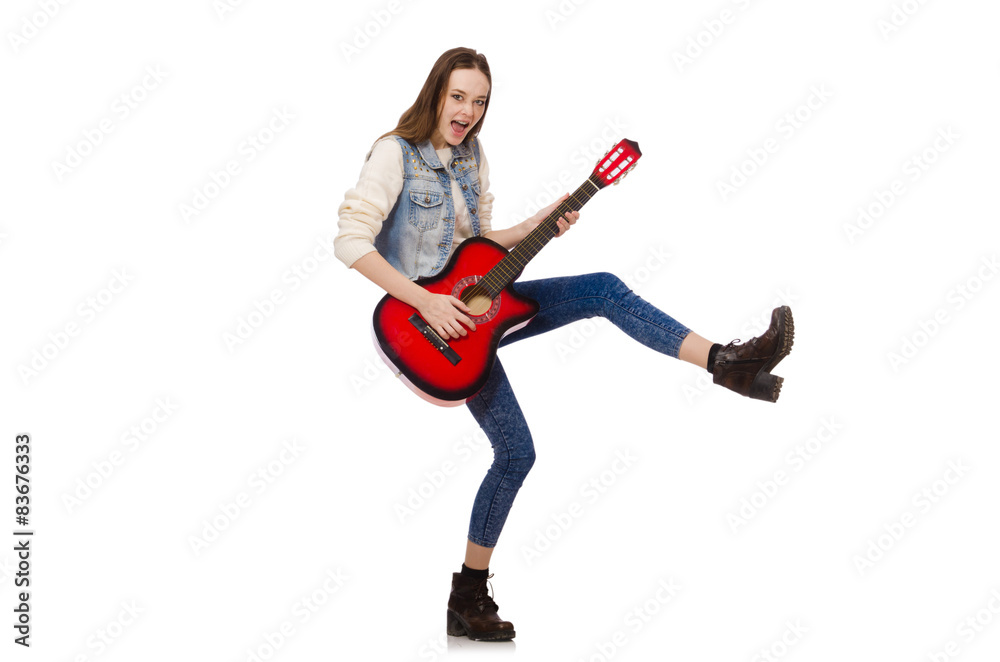 Young smiling girl with guitar isolated on white Young smiling girl with guitar isolated on white