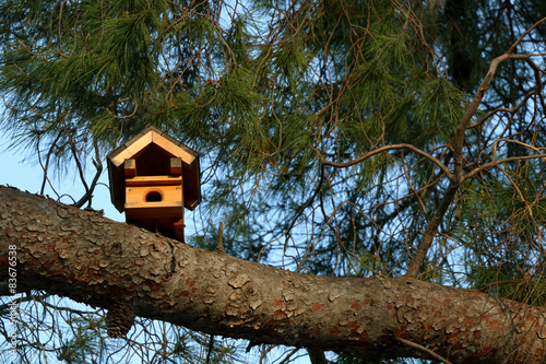 Little wooden birdhouse on a pine tree. Selective focus. © jelena990