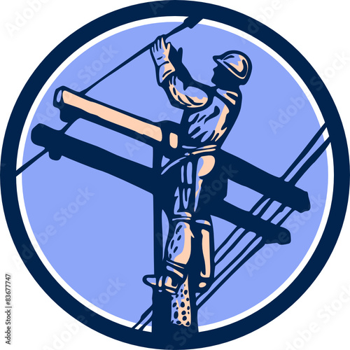 Power Lineman Repairman Climb Pole Retro Circle