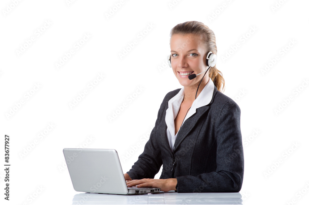 Office manager typing on the laptop isolated on white Office manager typing on the laptop isolated on white