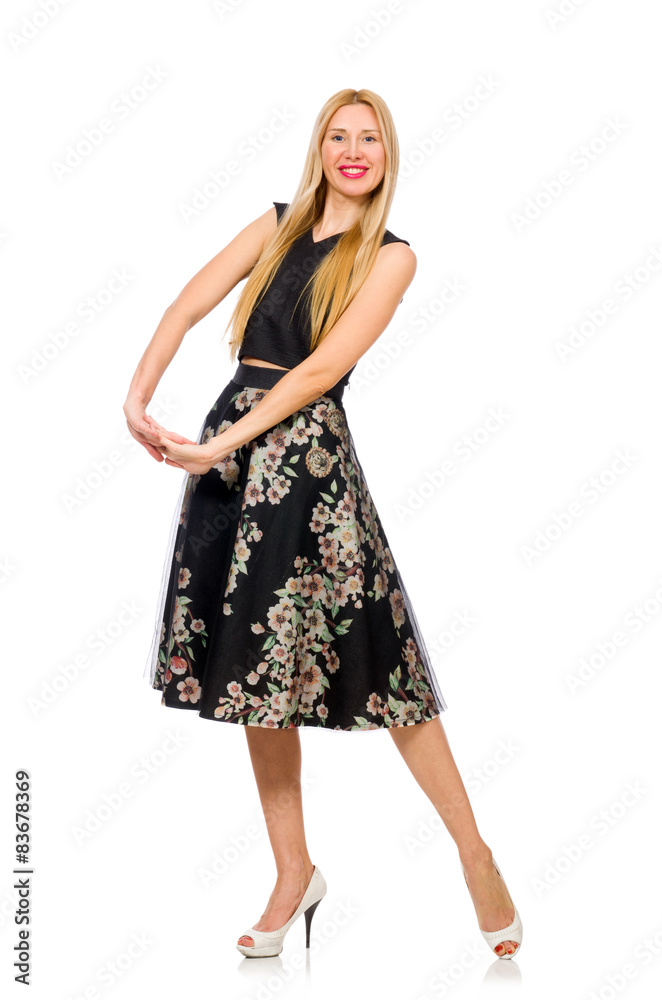 Woman in floral dark skirt isolated on white Woman in floral dark skirt isolated on white