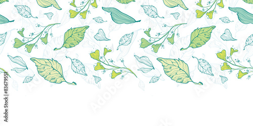 Vector lineart spring leaves horizontal border seamless pattern