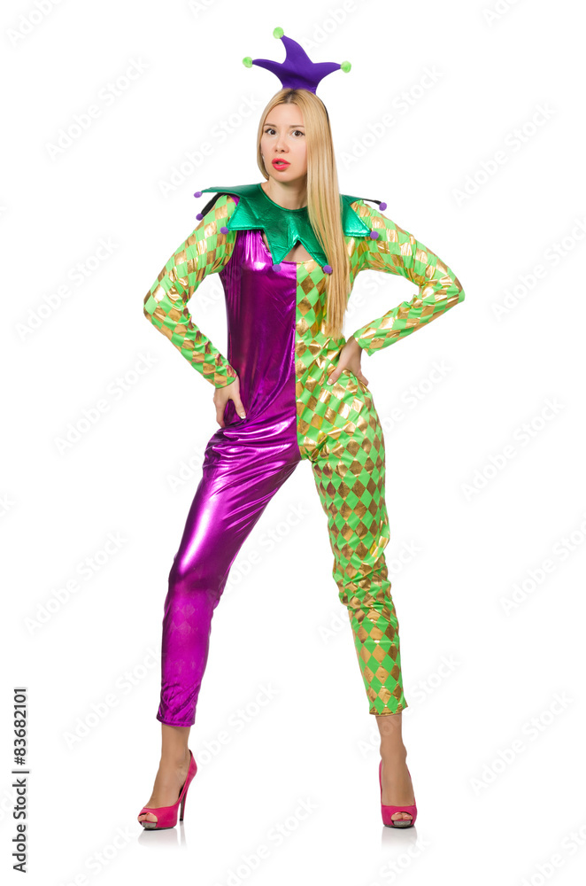 Woman wearing clown costume isolated on white