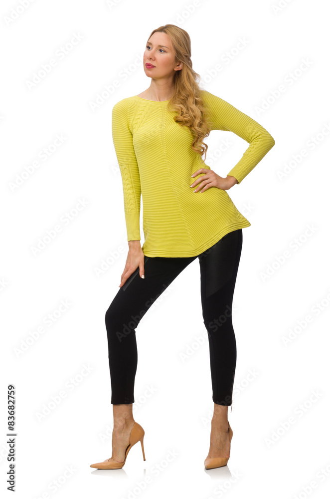 Fototapeta premium Pretty young woman in yellow blouse isolated on white