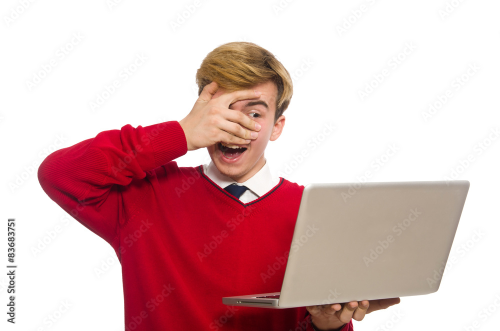 Student using laptop isolated on white