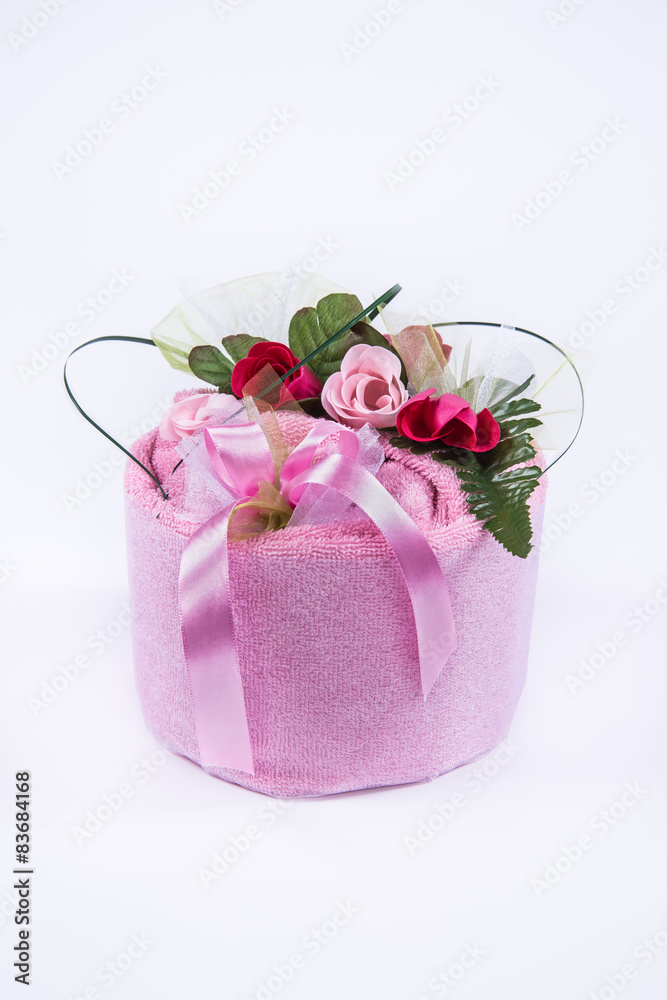 Home made towel cake gift as a beautiful decoration. Home made towel cake gift as a beautiful decoration.