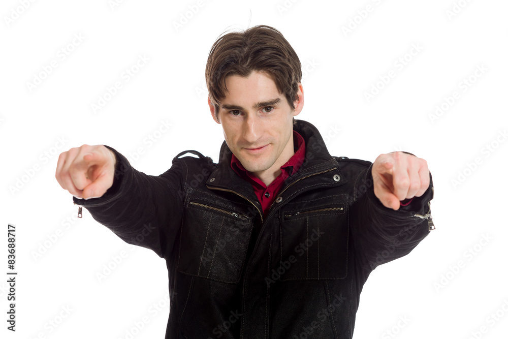 Model pointing to camera