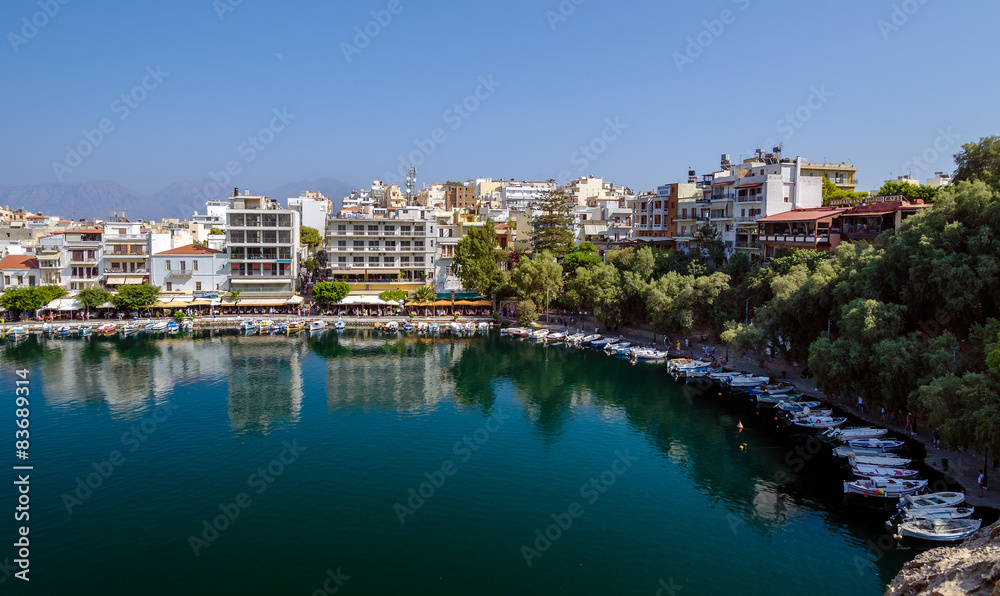  Parked boats in harbour of Agios Nikolaos town
