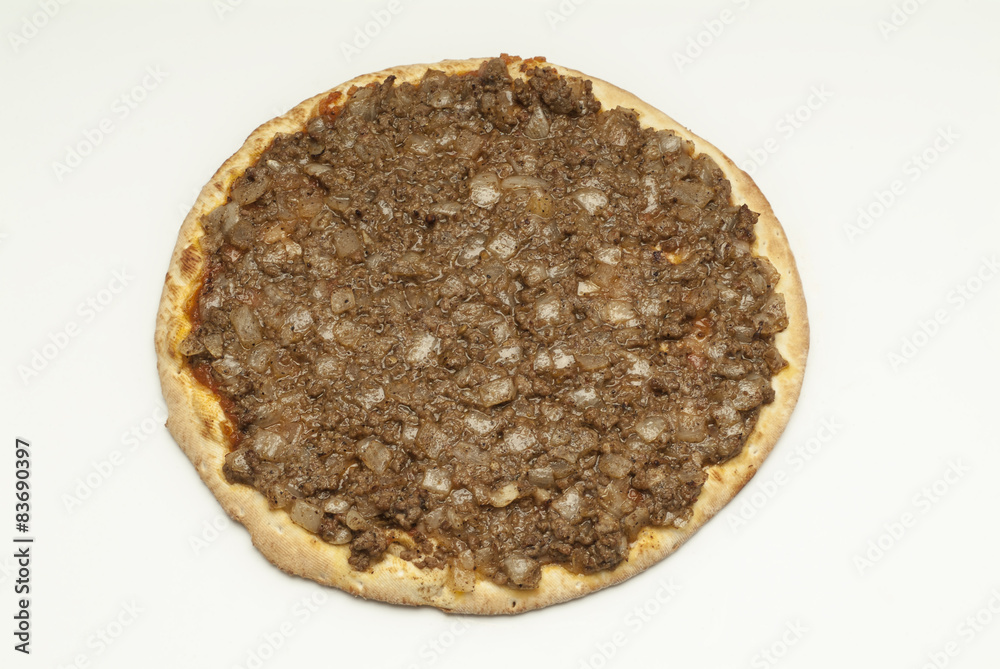 Pizza with meat on white background Pizza with meat on white background