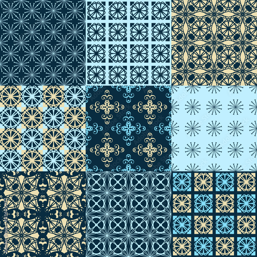 Set of vector seamless geometrical patterns. Vintage textures.