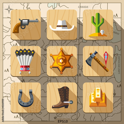 Cowboys and Wild West, flat icon set
