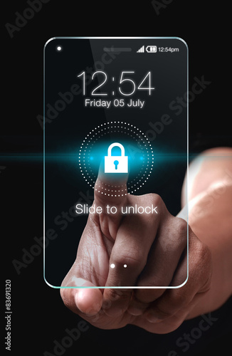 Transparent smartphone with lock icon on blue background