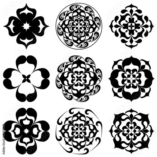 Set of kaleidoscopic floral tattoo. Mandala in black and white