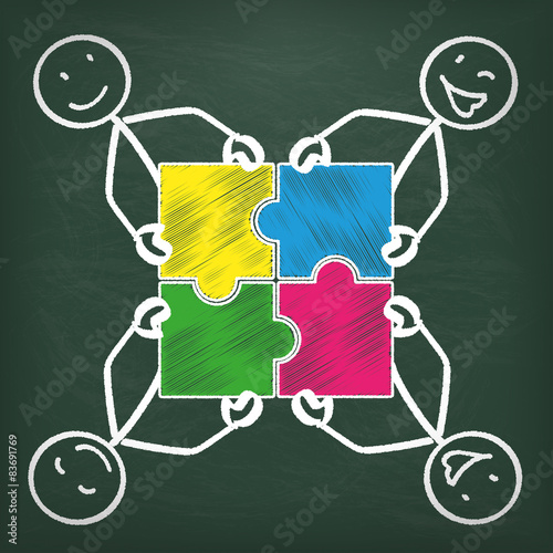 Kreidetafel 4 Strichmännchen mit einem Puzzle