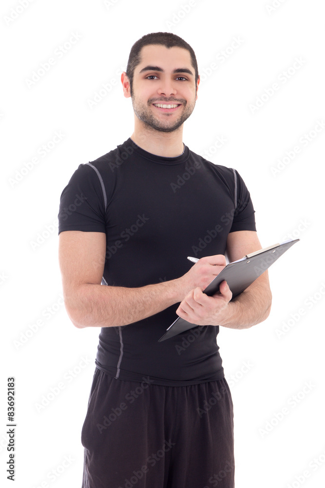 portrait of handsome trainer in sportswear with clipboard isolat portrait of handsome trainer in sportswear with clipboard isolat
