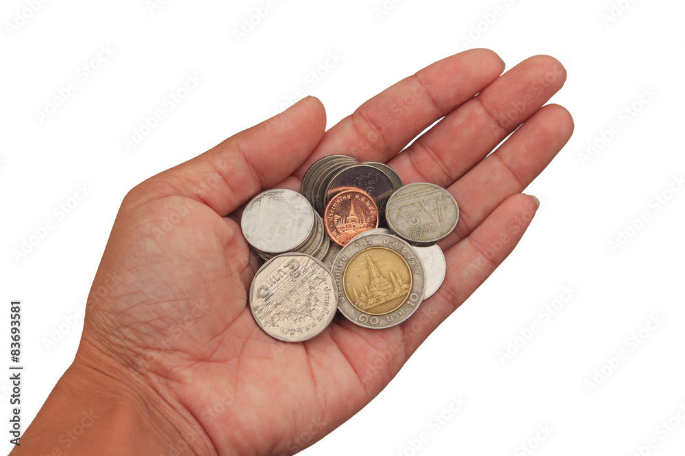 Hands with thai coins isolated on white background Hands with thai coins isolated on white background