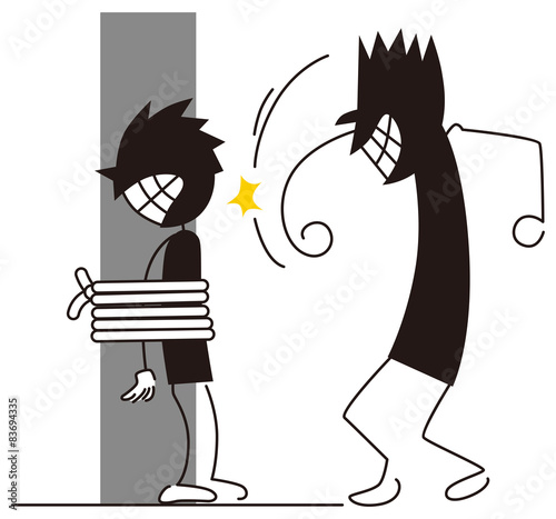 縛られている人を殴る男