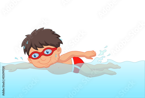 Cartoon little boy swimmer in the swimming pool