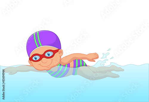 Cartoon little girl swimmer in the swimming pool