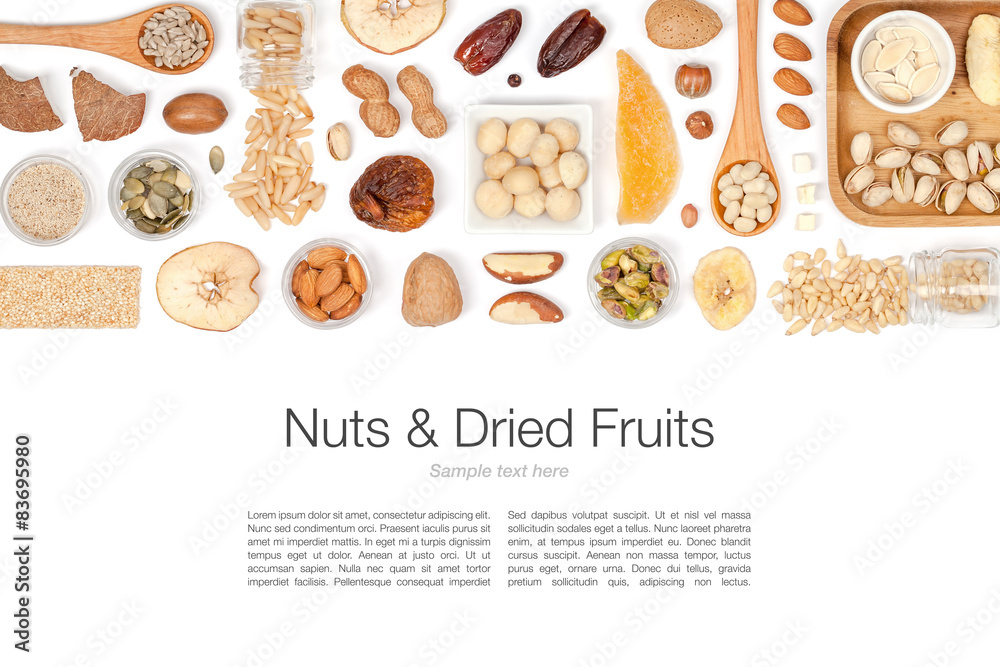 nuts and dried fruits on white background