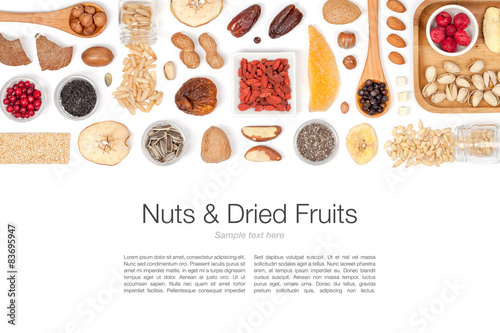 nuts and dried fruits on white background
