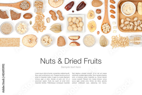 nuts and dried fruits on white background