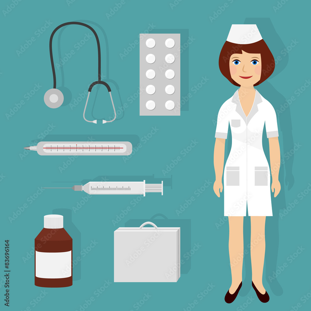 Set of medical elements with smiling woman doctor. Vector Set of medical elements with smiling woman doctor. Vector