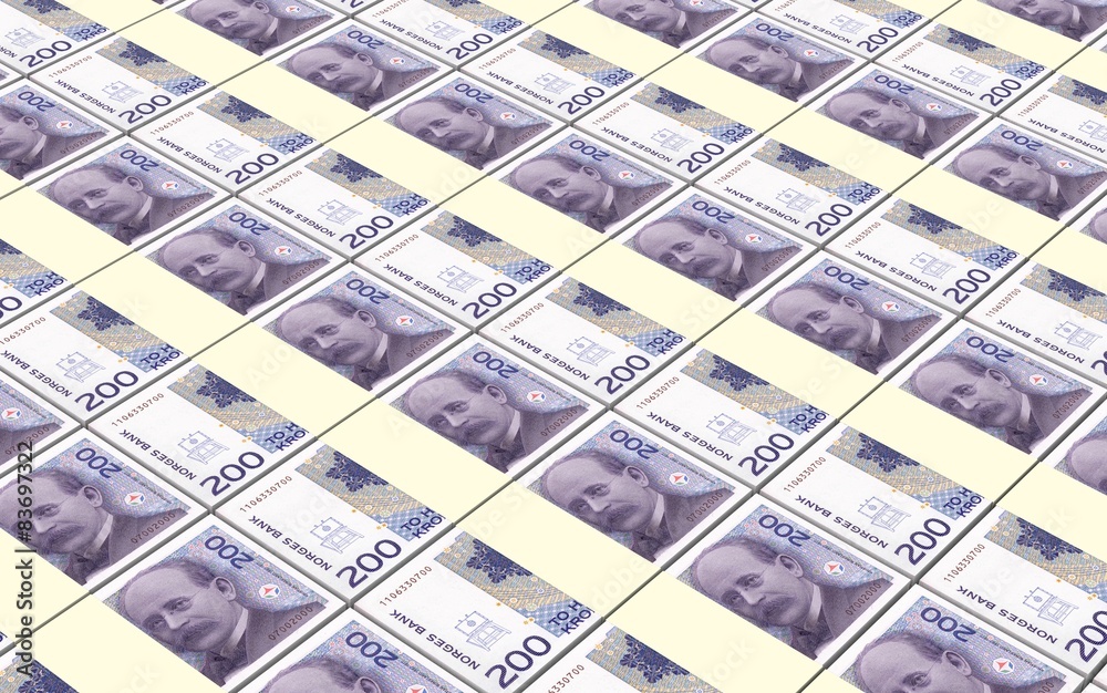 Norwegian krone bills stacks background.