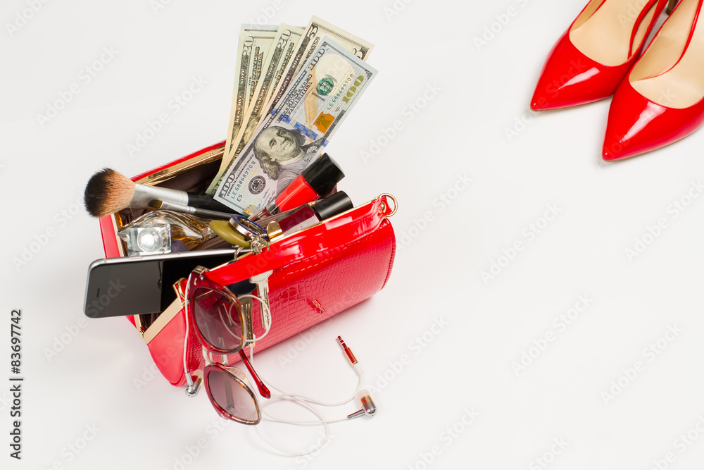 Red shoes and female bag. Red shoes and female bag.