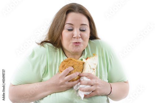 Fotografiet Corpulent Woman Having Addiction to Unhealthy Food