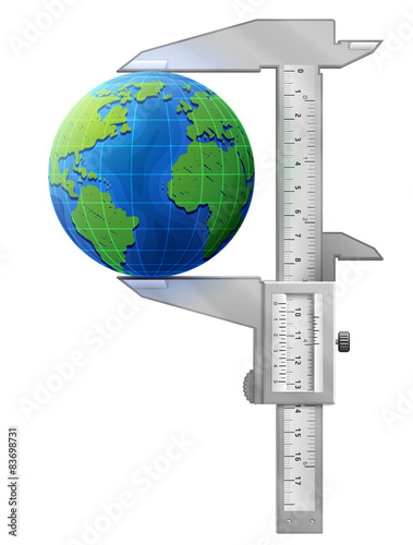 Vertical caliper measures globe. Concept of earth and tool