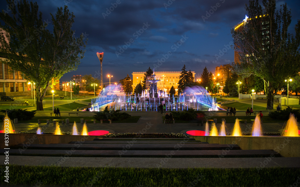 light and music fountain in the evening in Rostov on don