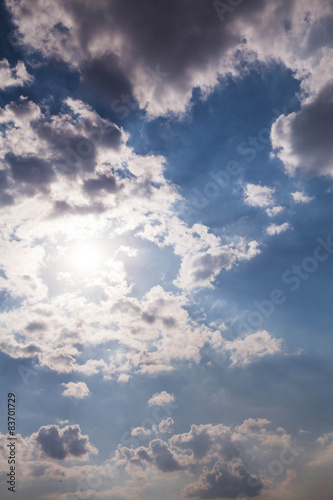 Blue sky with clouds and sun.