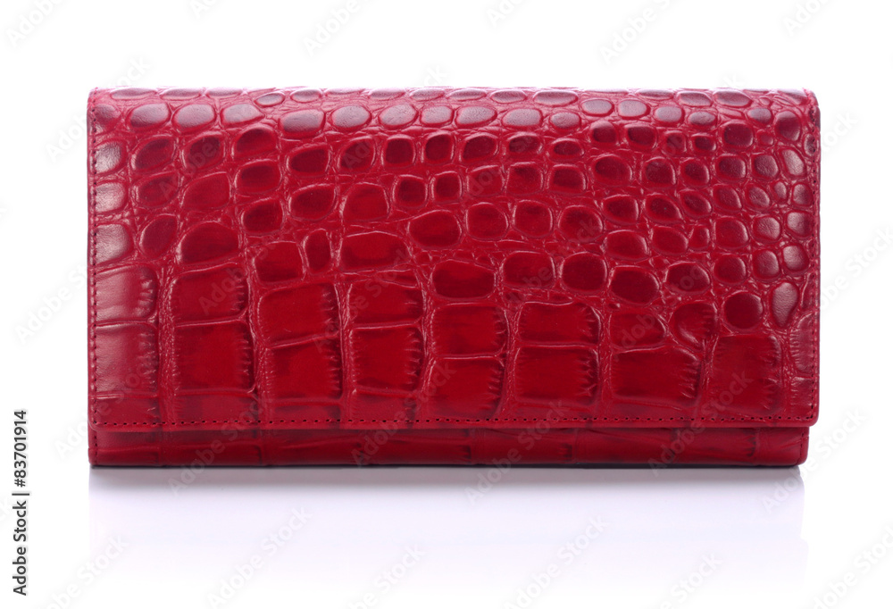 Women's red leather wallet on a white background  - obrazy, fototapety, plakaty 