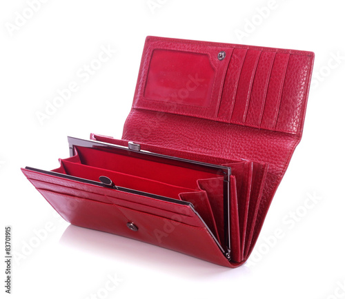 Women's red leather wallet on a white background 