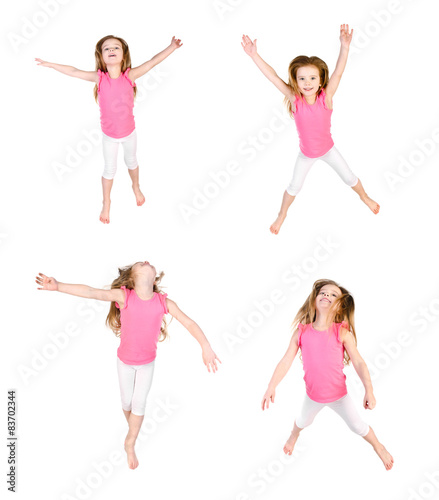 Collection of photos cute little girl jumping in air