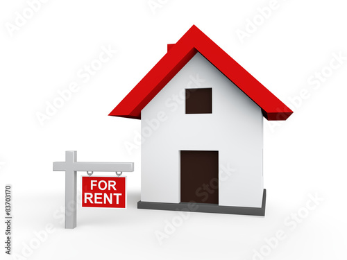 3d house with for rent sign board