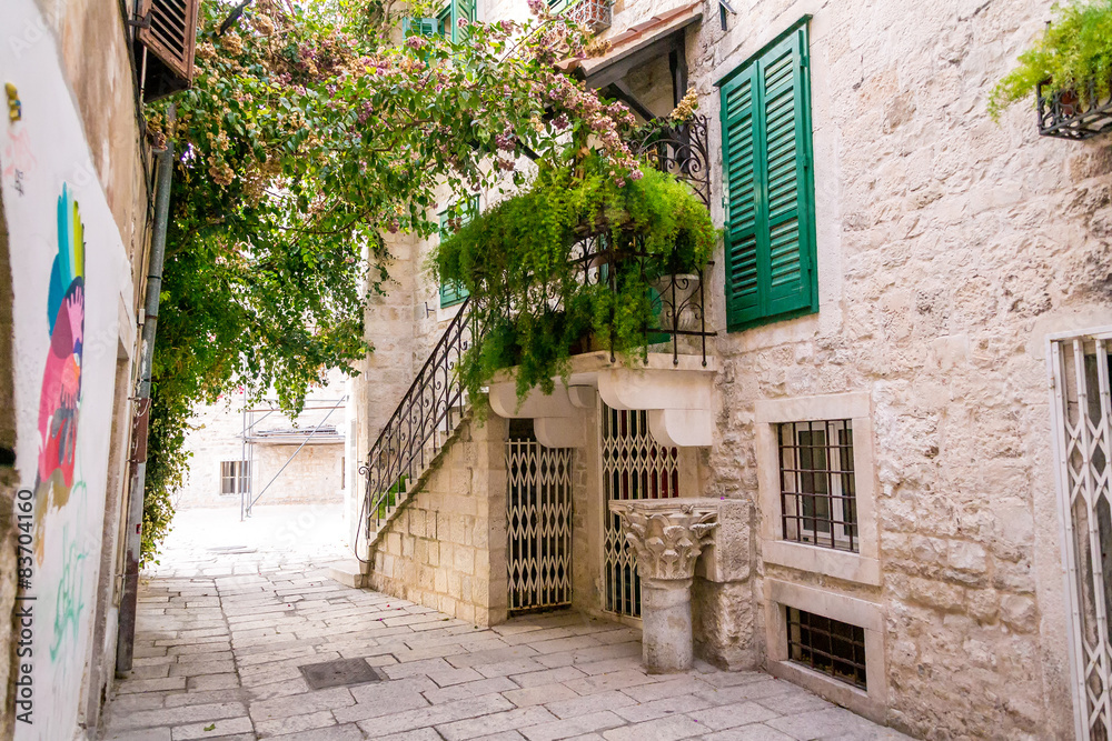 Narrow streets in old city of Split in Mediterranean style