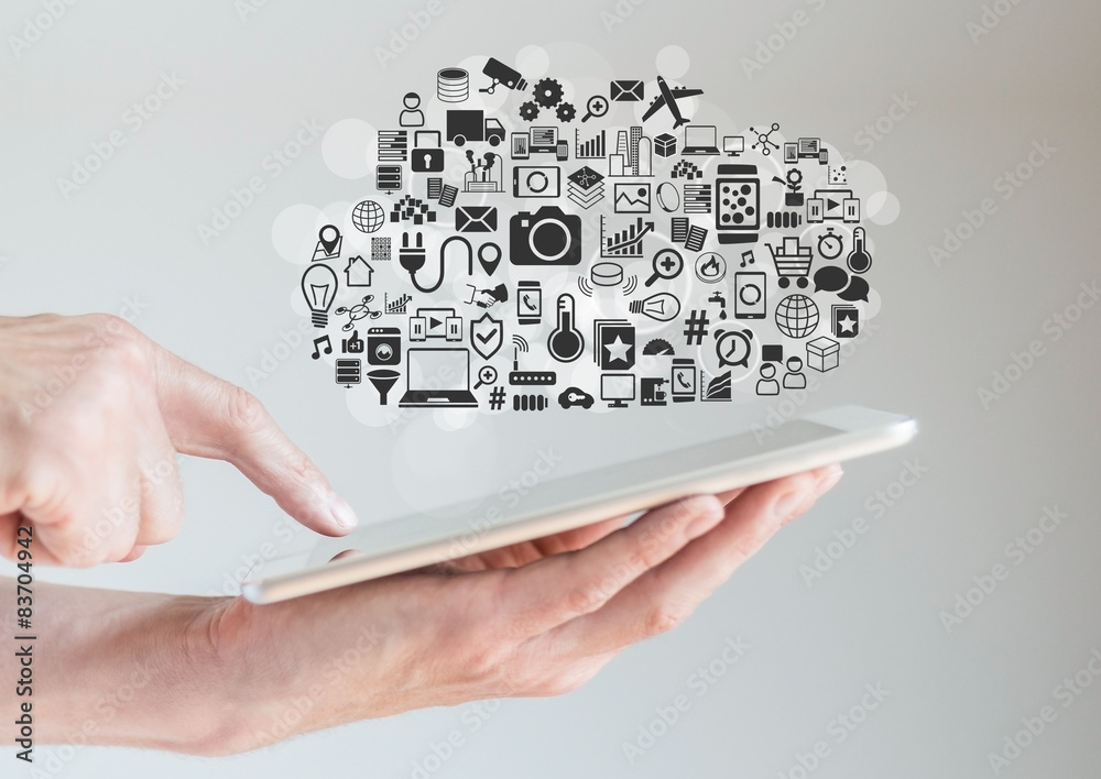 Hands holding tablet with cloud computing concept Hands holding tablet with cloud computing concept