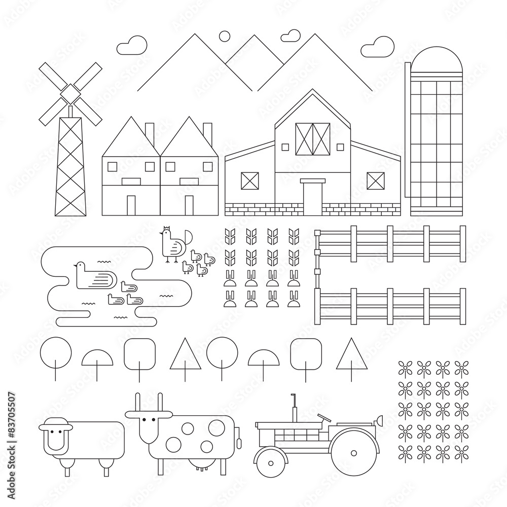 Set of outlined farm. Chicken, Duck, Sheep, Cow, Tractor, Wareho